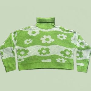 Shein Retro Floral Knit Cropped Turtleneck Sweater